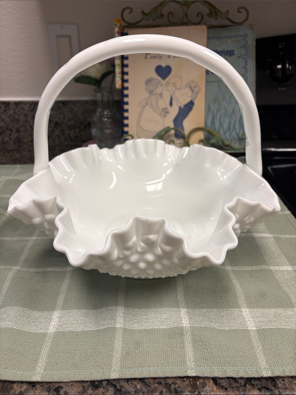 Fenton White Hobnail Ruffled Milk Glass Basket with Handle